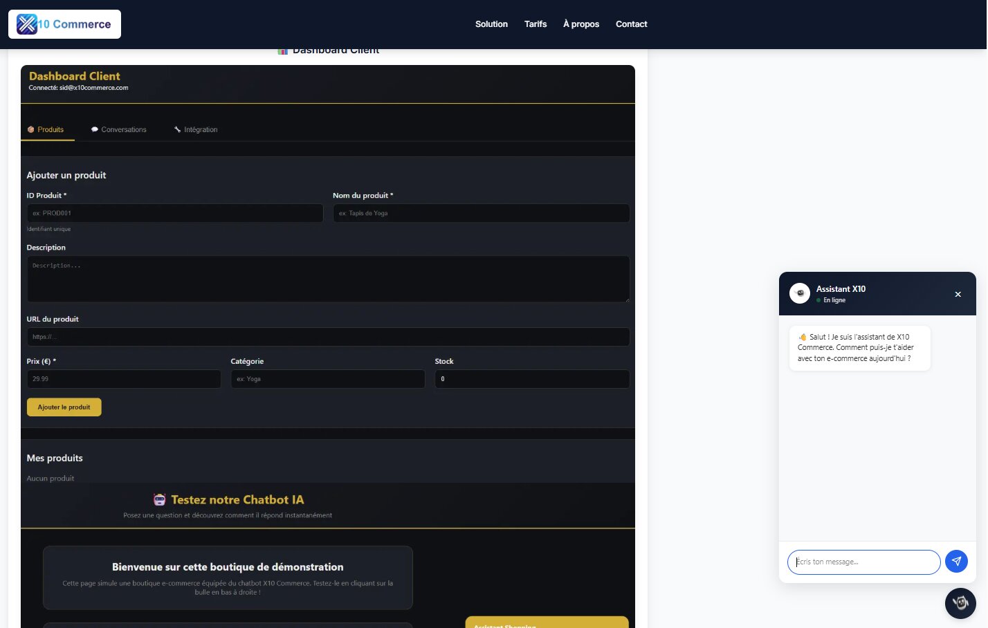 X10 Commerce — tableau de bord client